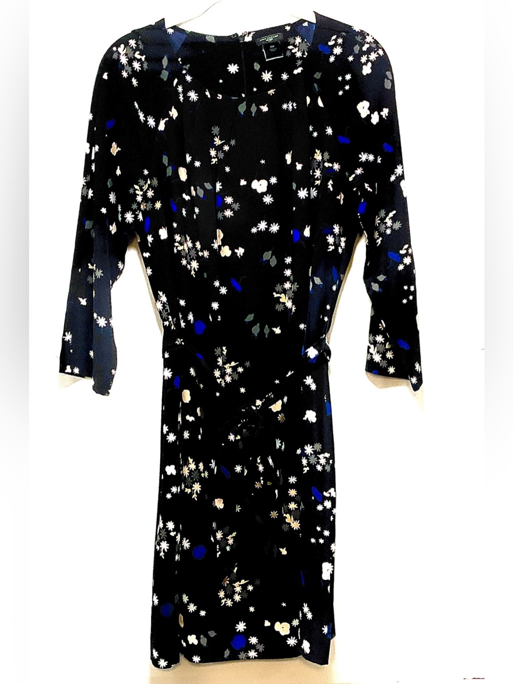 Ann Taylor Black Floral Midi Dress Tie Waist 3/4 Sleeve MP Medium Petite